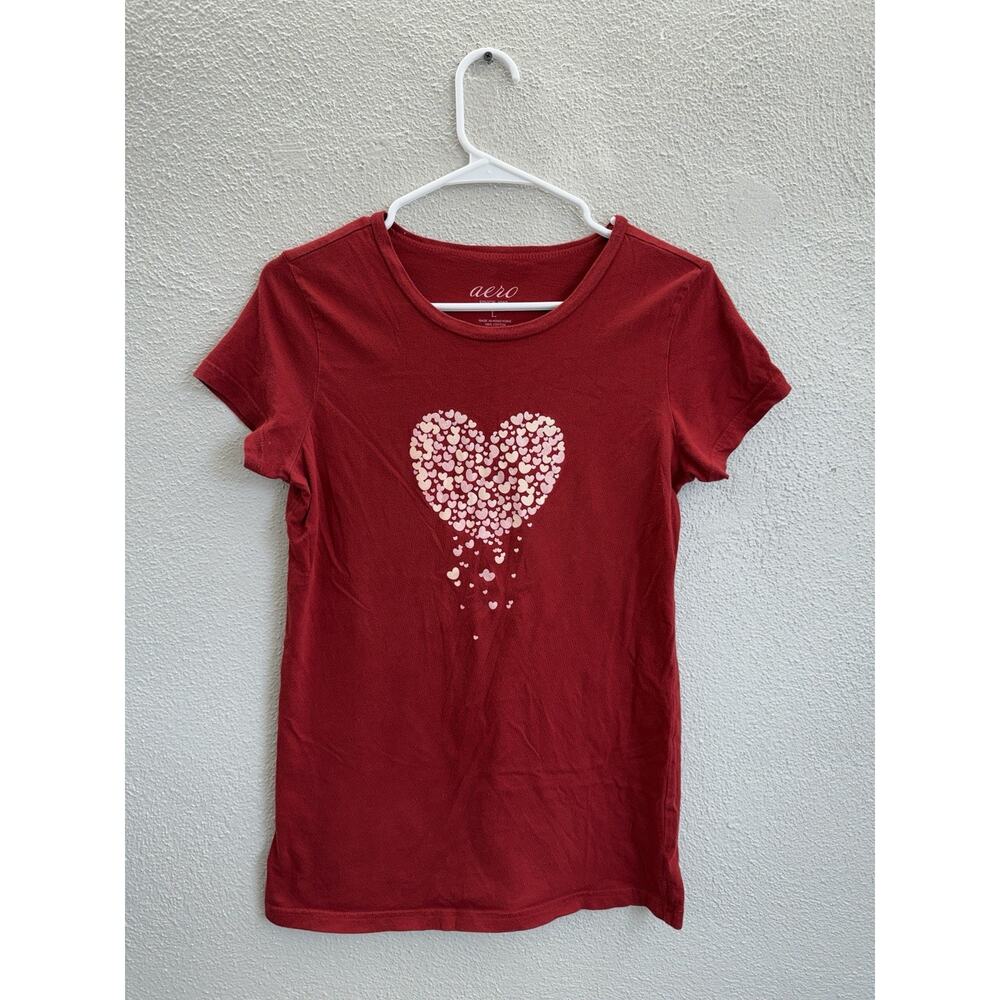 Aero Womens Shirt Size Large Red Pink Heart Short Sleeve 2000 Y2K